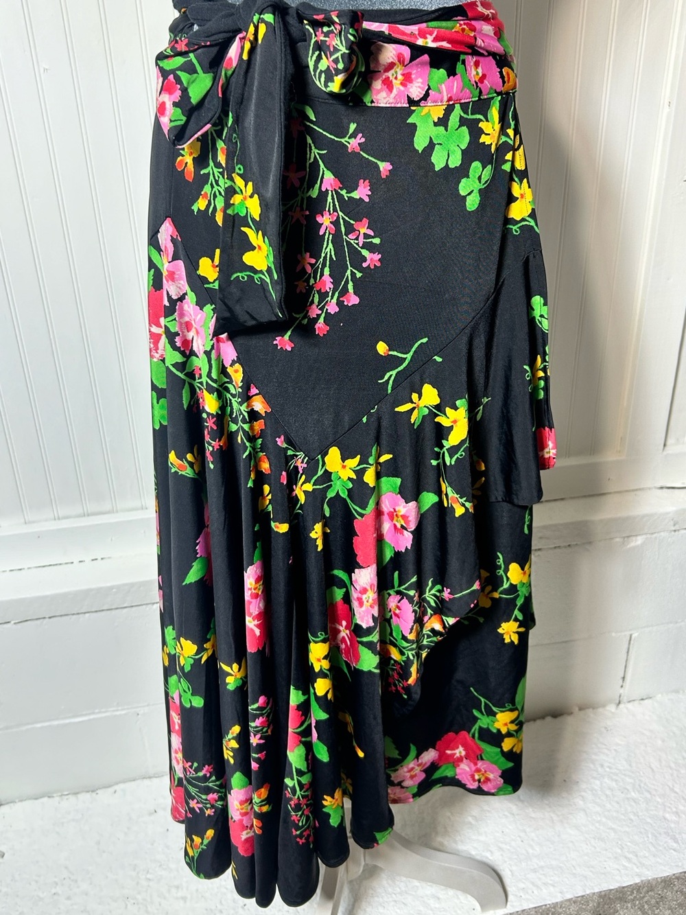 CAbi Black Floral Wrap Skirt with Pink & Yellow floral bright